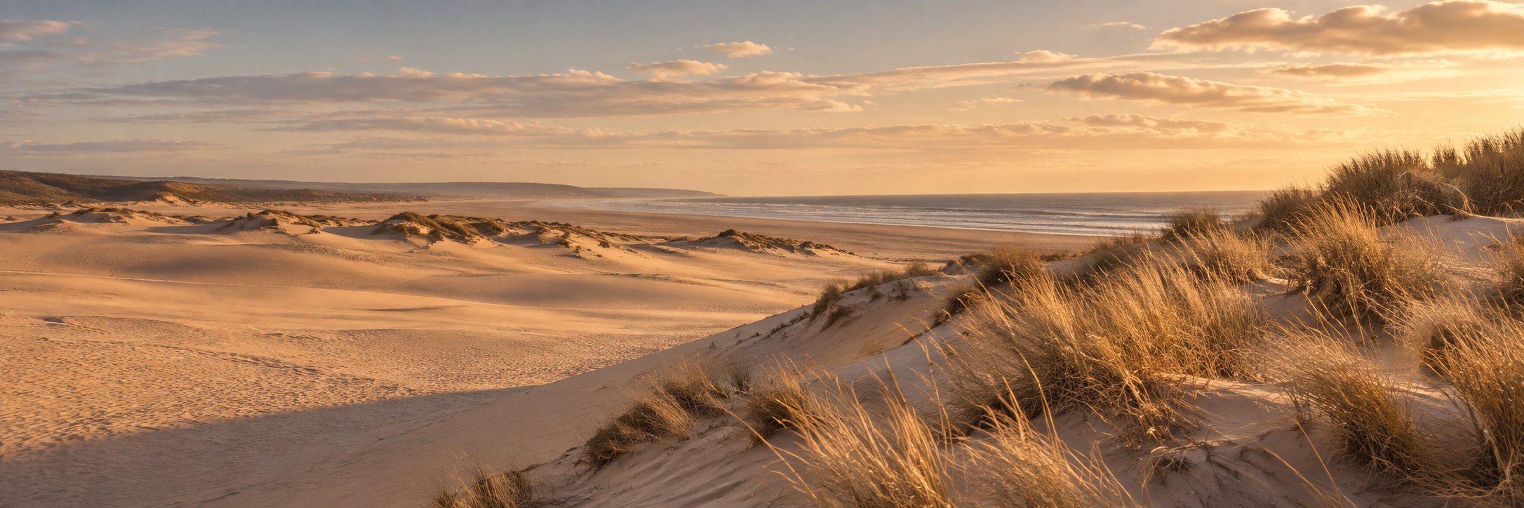 Een weids duinenlandschap met zand en helmgras in zacht zonlicht
